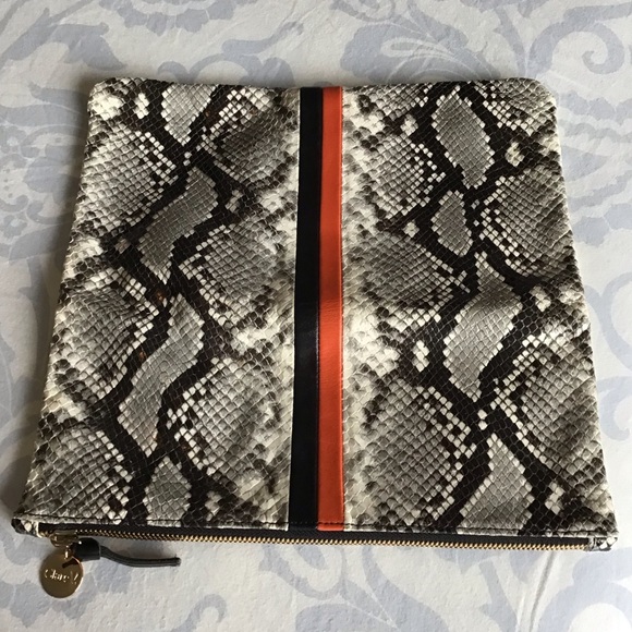 Clare V. Los Angeles Leather Foldover Python, Black & Poppy Clutch - Picture 5 of 12